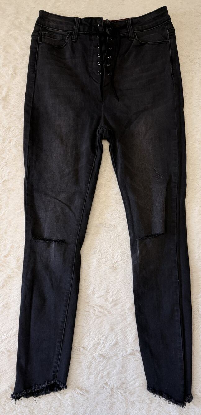 Forever 21 Black Lace-Up Front Skinny Jeans Womens Size 26 Raw Hem